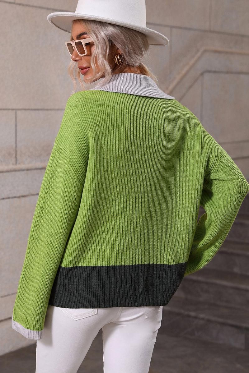 ZIP NECK LAPEL COLOR BLOCK CASUAL TOP - Doublju