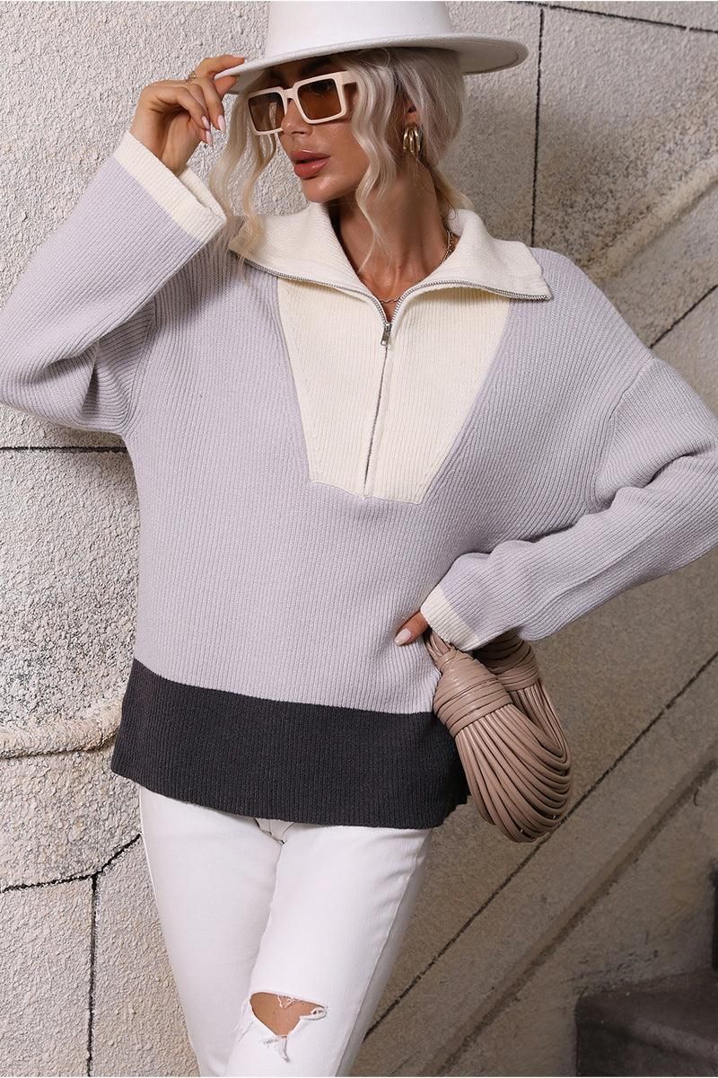 ZIP NECK LAPEL COLOR BLOCK CASUAL TOP - Doublju