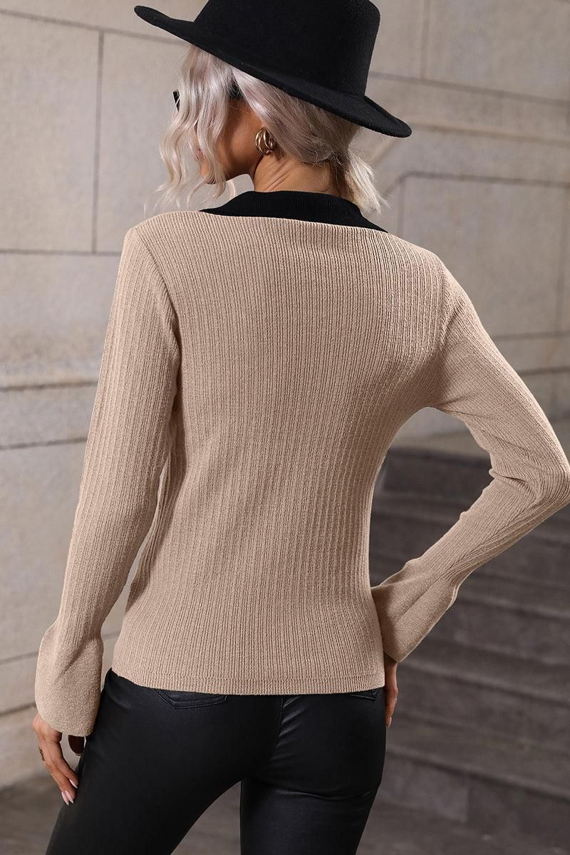 LAPEL V NECK BELL SLEEVED CASUAL TOP - Doublju