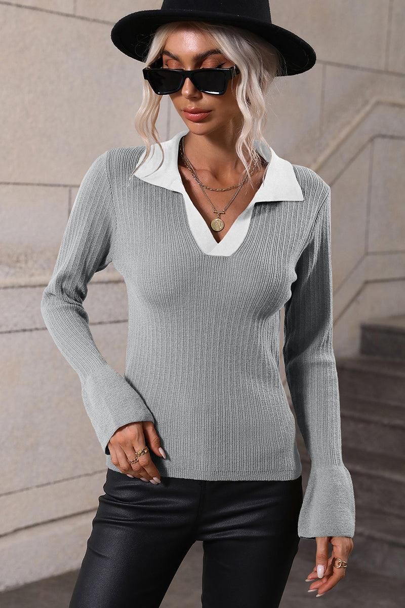 LAPEL V NECK BELL SLEEVED CASUAL TOP - Doublju