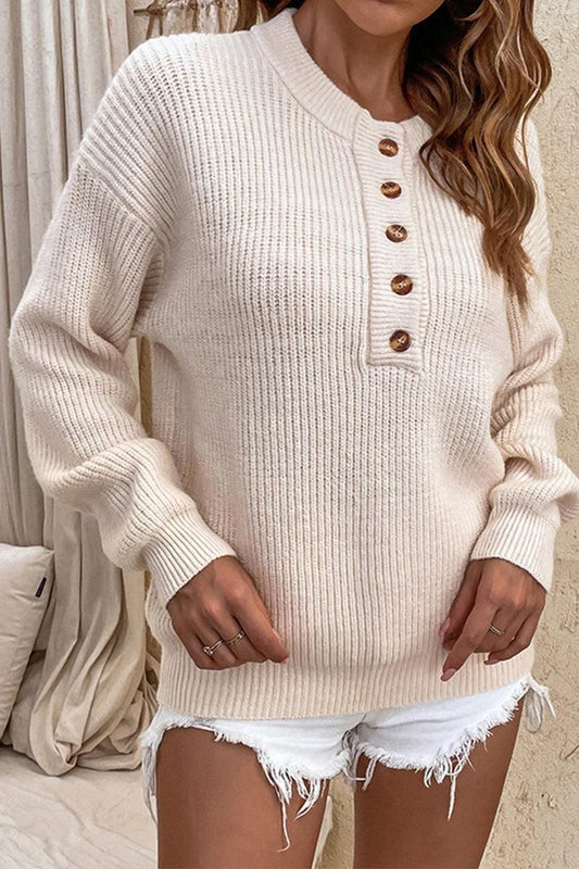 WOMENS HALF BUTTON UP THERMAL SWEATER - Doublju