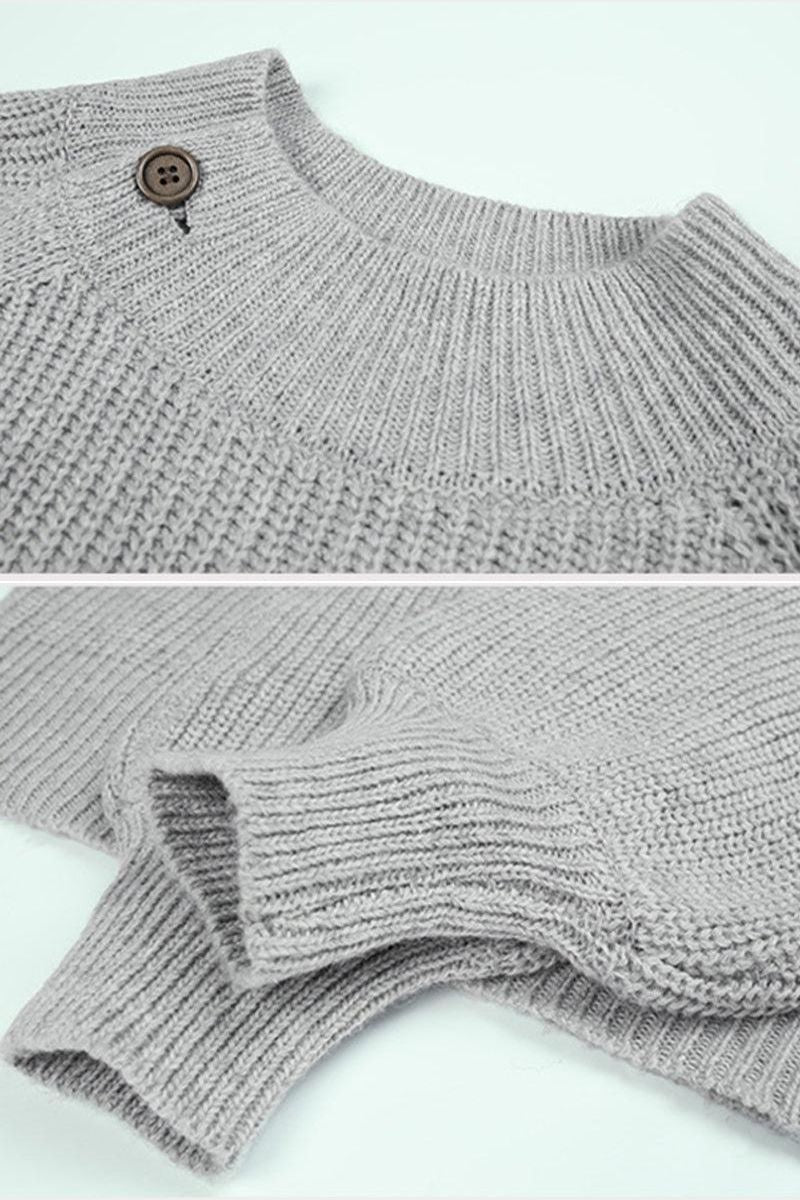 SOLID COLOR BUTTON KNIT SWEATER DRESS - Doublju