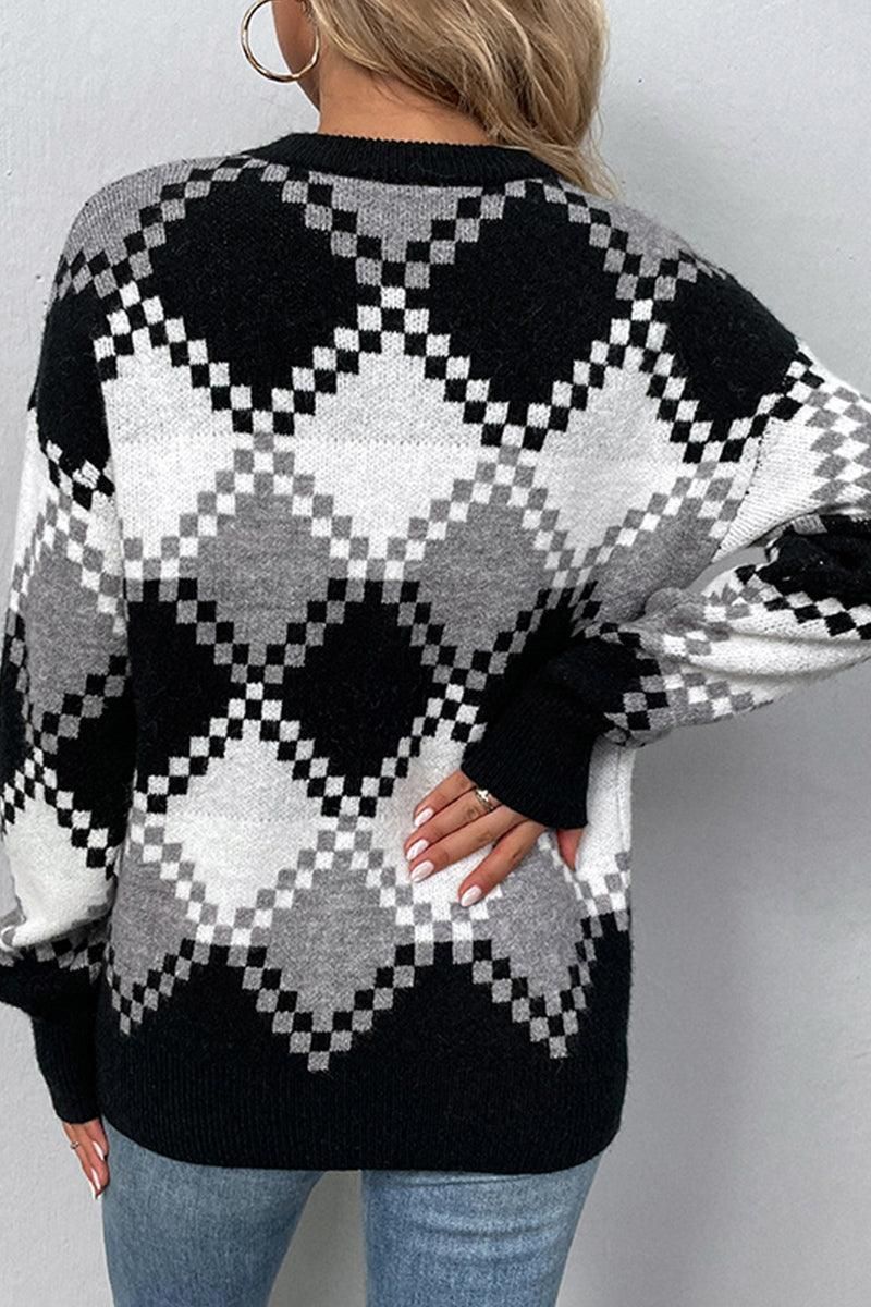 WOMENS ARGYLE PATTERN SWEATER TOP - Doublju