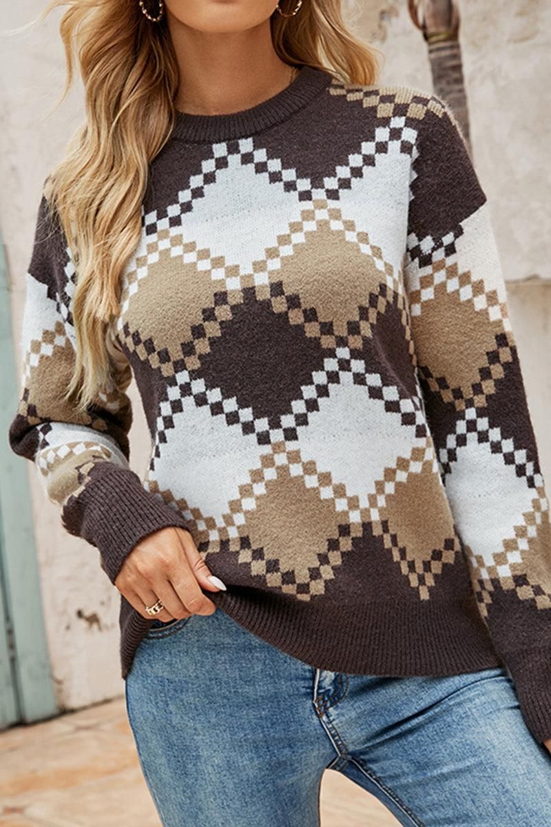 WOMENS ARGYLE PATTERN SWEATER TOP - Doublju