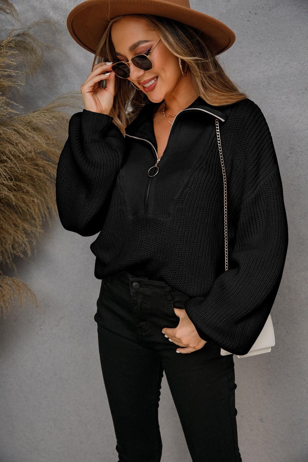 WOMENS HALF ZIP UP CASUAL SWEATER - Doublju