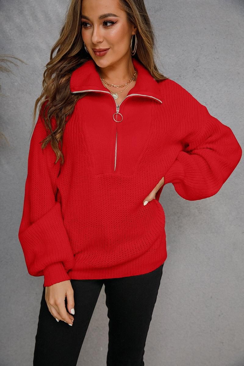 WOMENS HALF ZIP UP CASUAL SWEATER - Doublju
