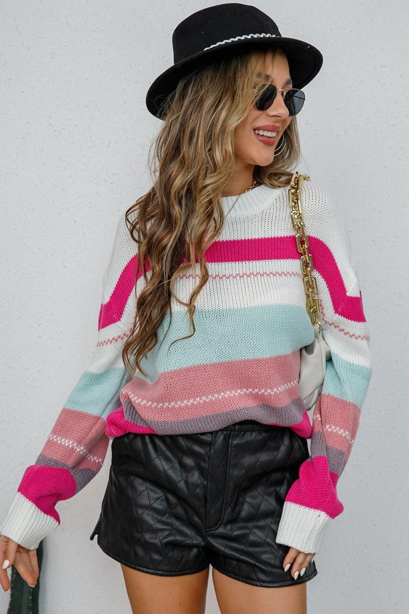 WOMENS COLOR STRIPE SWEATER TOP - Doublju