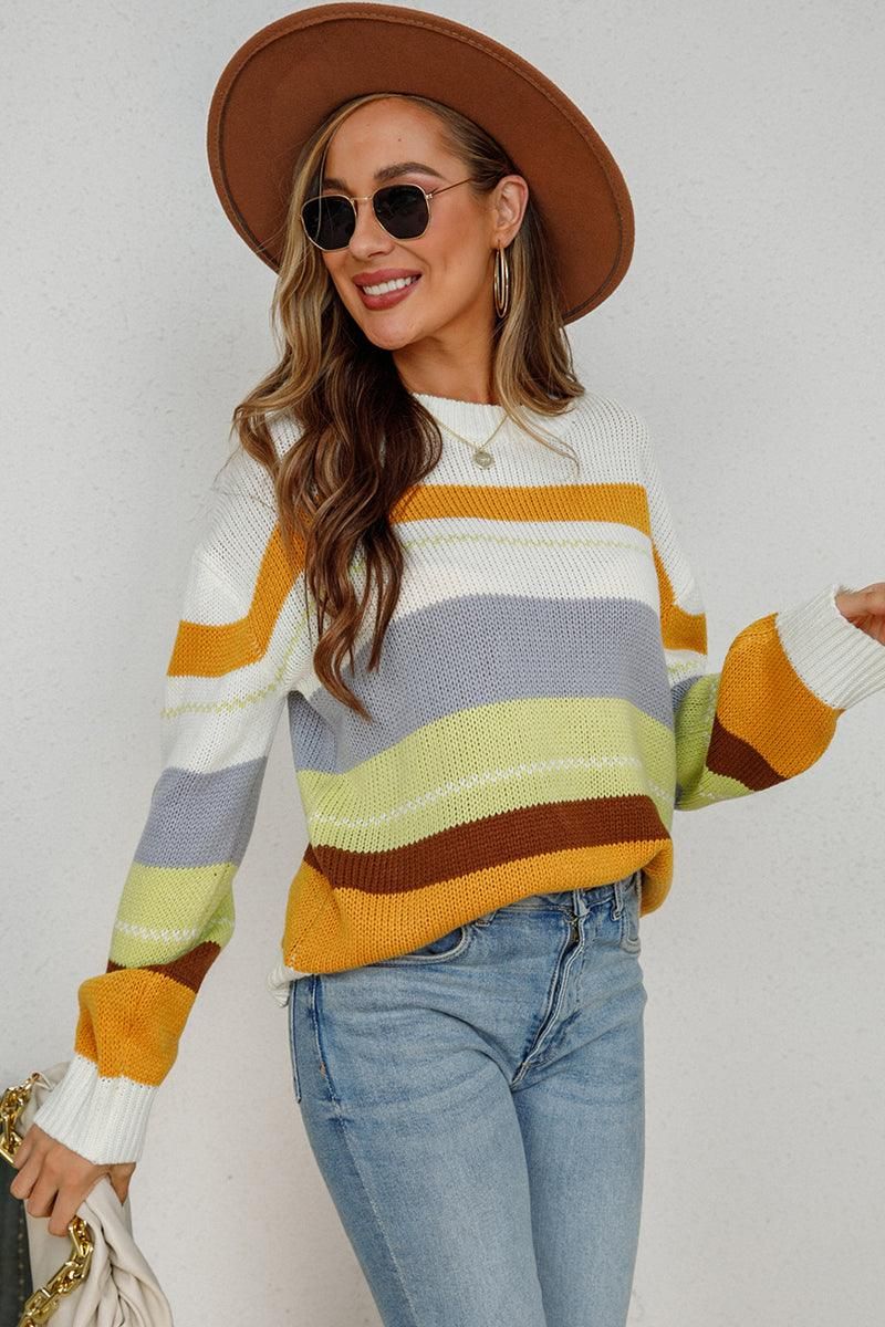 WOMENS COLOR STRIPE SWEATER TOP - Doublju