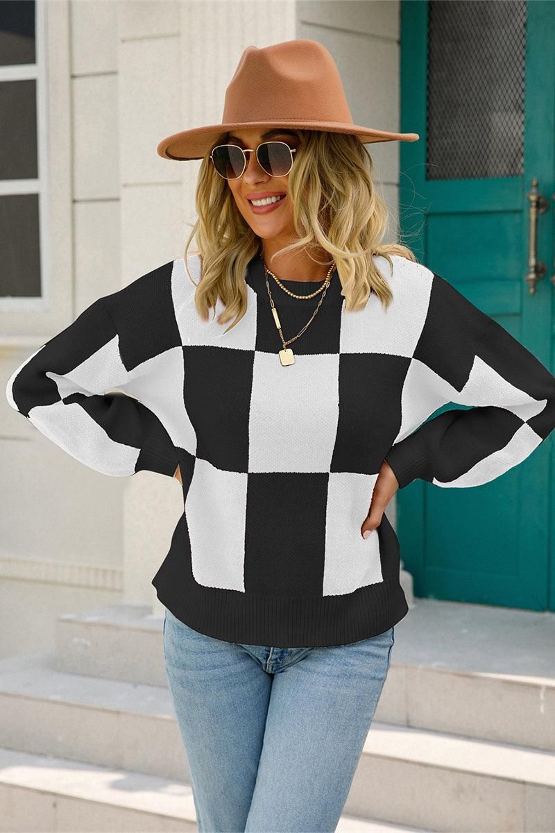 WOMENS CHECKERBOARD PATTERN SWEATER TOP - Doublju