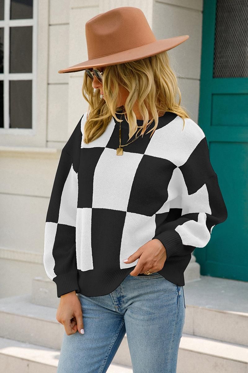 WOMENS CHECKERBOARD PATTERN SWEATER TOP - Doublju
