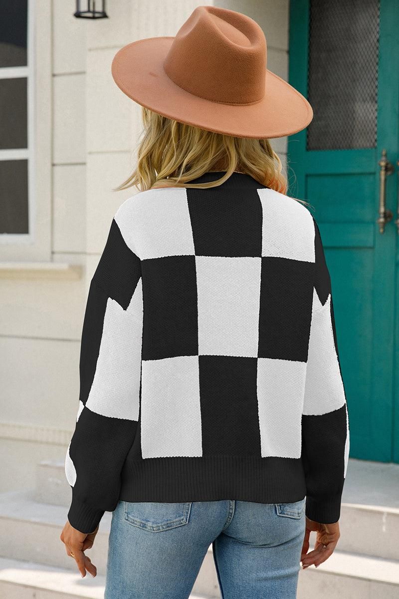 WOMENS CHECKERBOARD PATTERN SWEATER TOP - Doublju