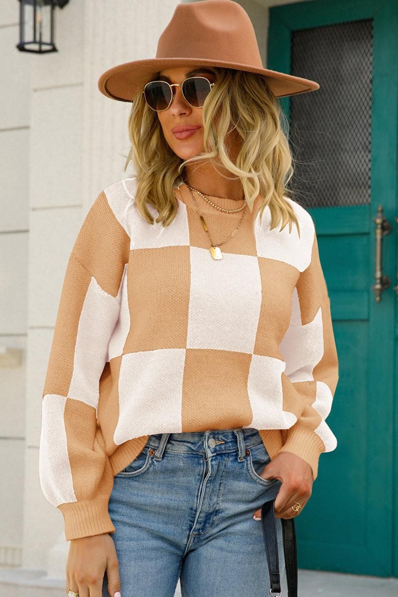 WOMENS CHECKERBOARD PATTERN SWEATER TOP - Doublju