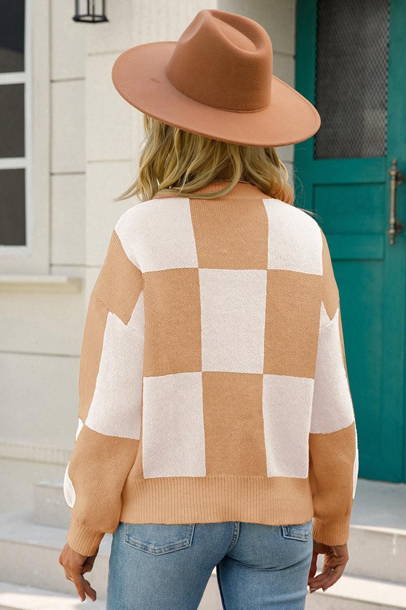 WOMENS CHECKERBOARD PATTERN SWEATER TOP - Doublju