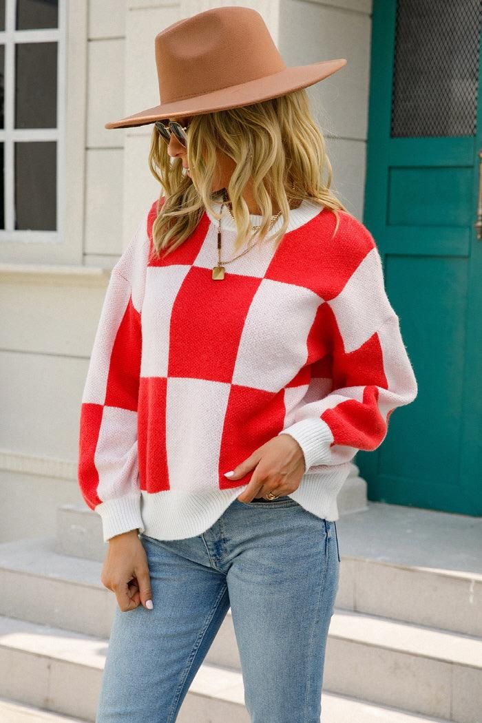 WOMENS CHECKERBOARD PATTERN SWEATER TOP - Doublju