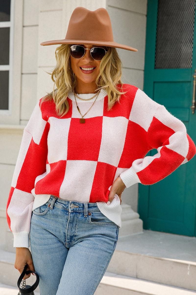 WOMENS CHECKERBOARD PATTERN SWEATER TOP - Doublju