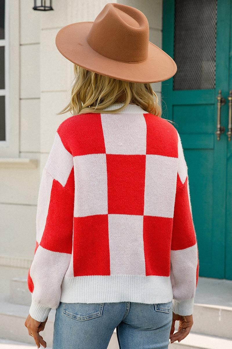 WOMENS CHECKERBOARD PATTERN SWEATER TOP - Doublju