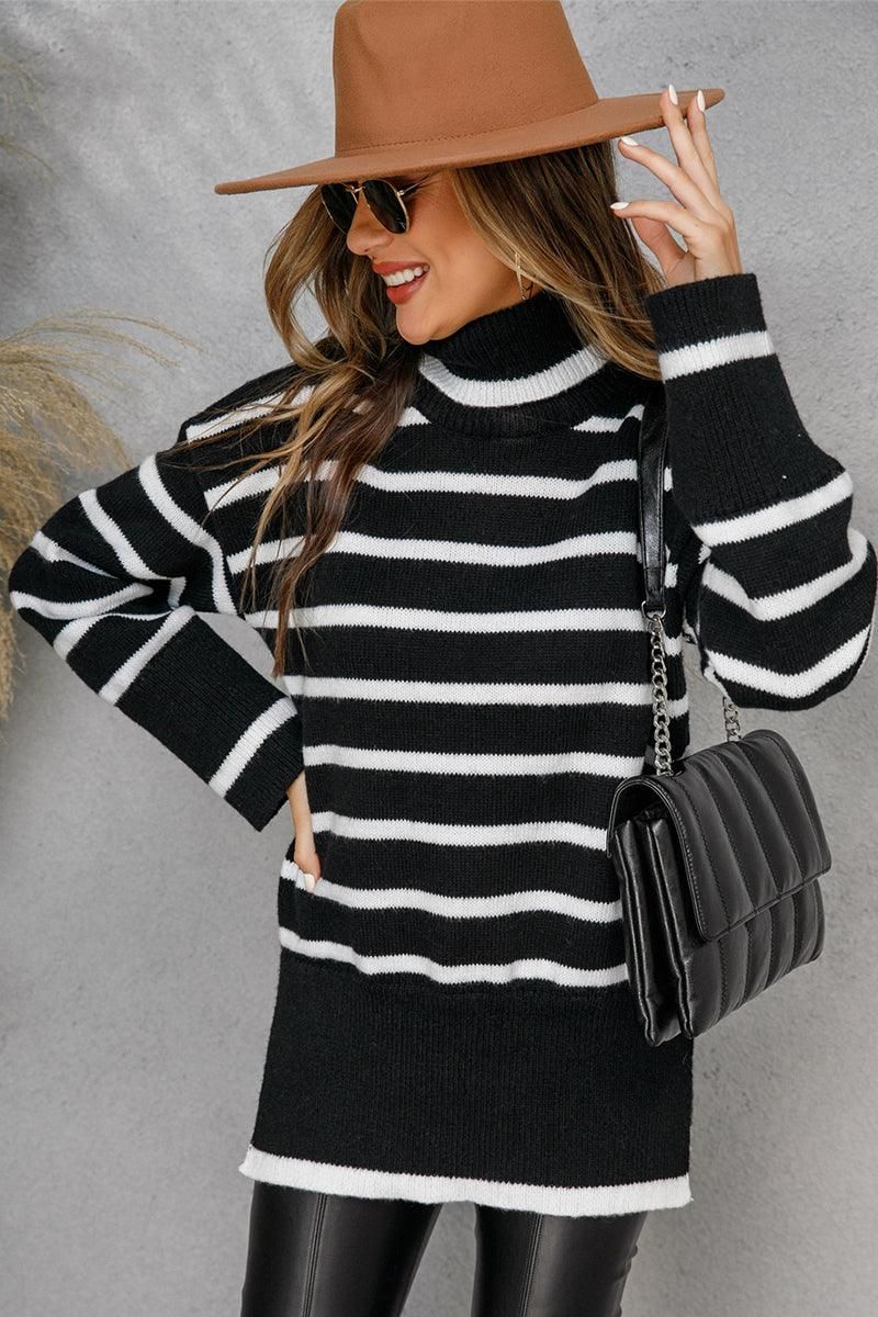 WOMENS TURTLENECK LONGSLEEVE STRIPE TOP - Doublju