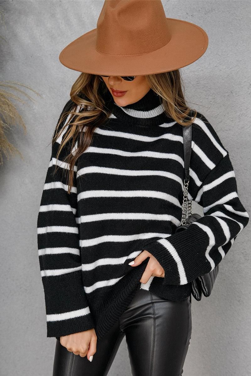 WOMENS TURTLENECK LONGSLEEVE STRIPE TOP - Doublju
