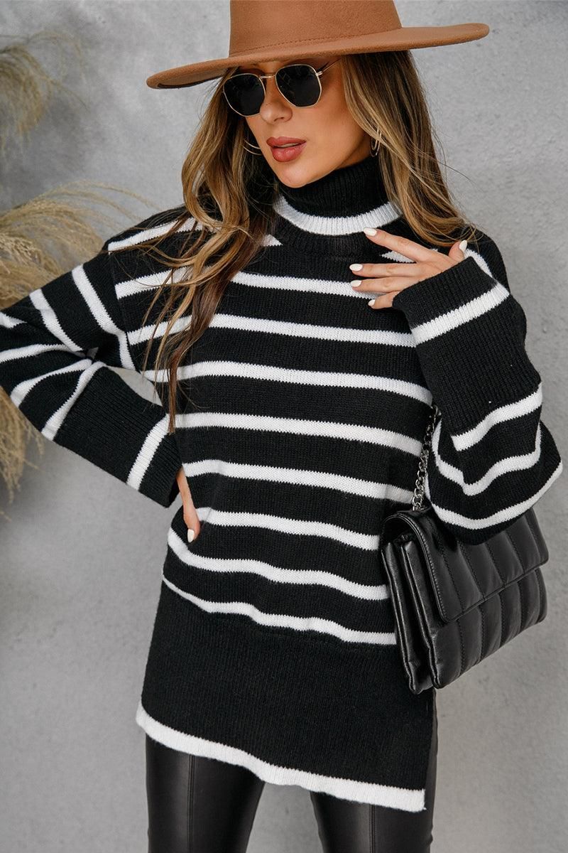 WOMENS TURTLENECK LONGSLEEVE STRIPE TOP - Doublju