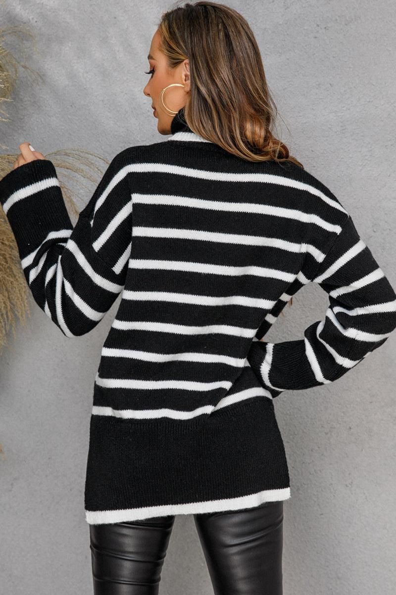 WOMENS TURTLENECK LONGSLEEVE STRIPE TOP - Doublju
