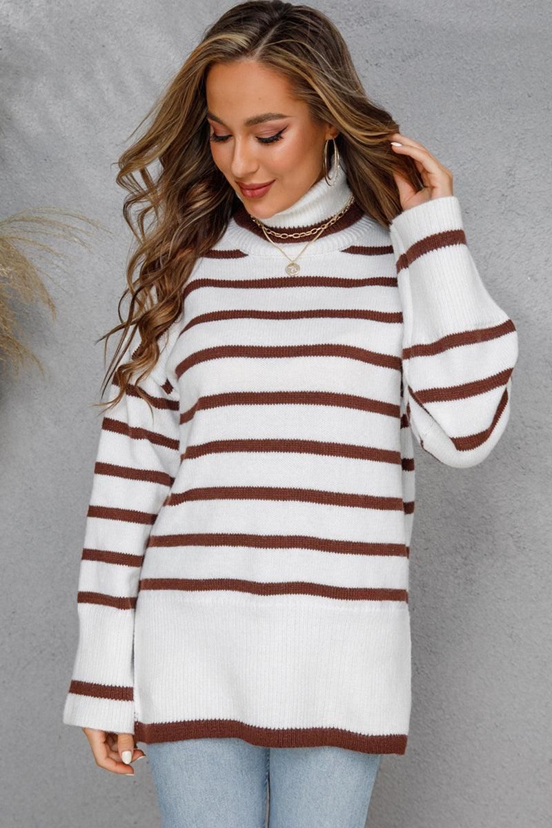 WOMENS TURTLENECK LONGSLEEVE STRIPE TOP - Doublju