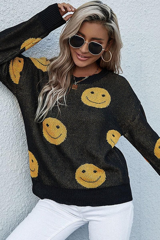 SMILE FACE PRINTING CASUAL TOP - Doublju