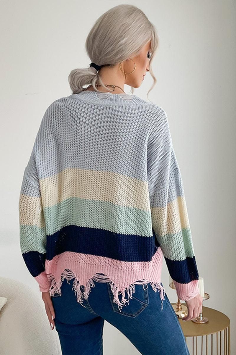 DISTRESSED HEM COLOR BLOCK KNIT SWEATER - Doublju