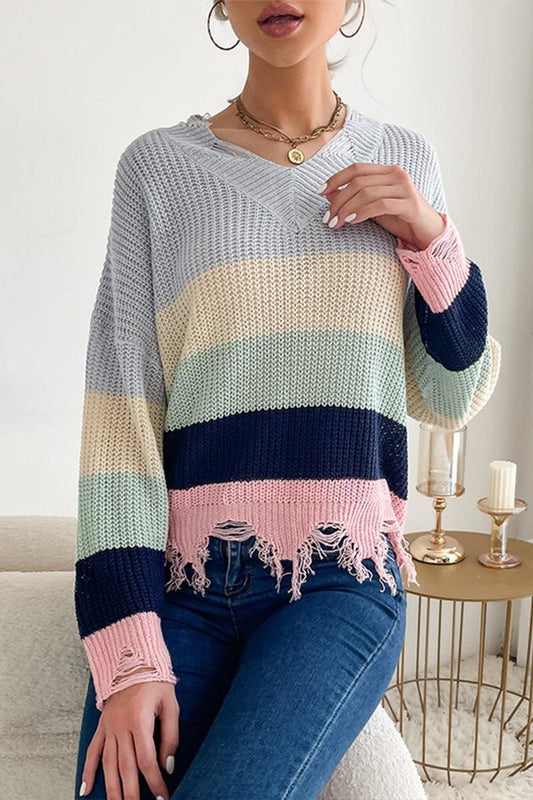 DISTRESSED HEM COLOR BLOCK KNIT SWEATER - Doublju