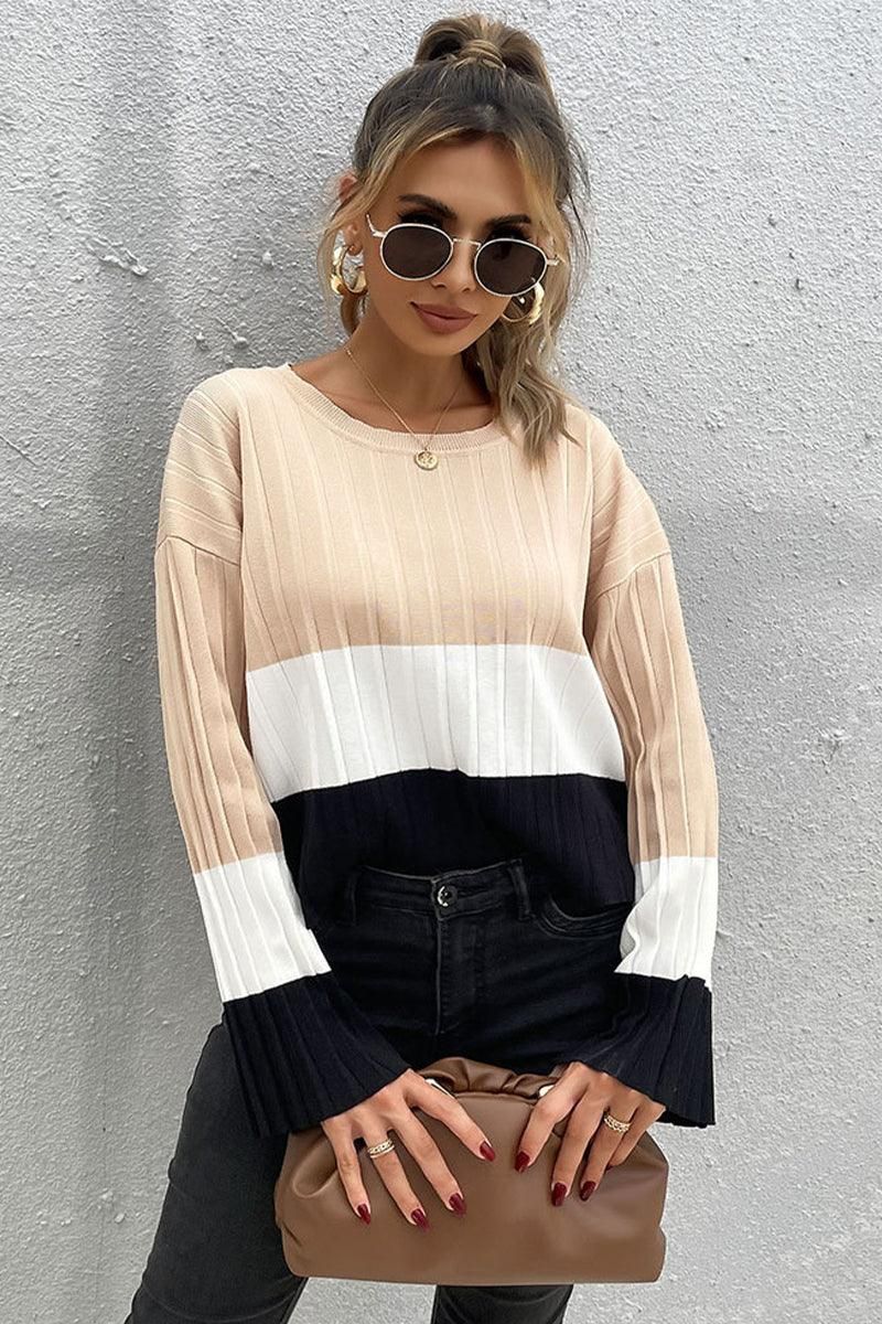 COLOR BLOCK O NECK LOOSE FIT CASUAL TOP - Doublju