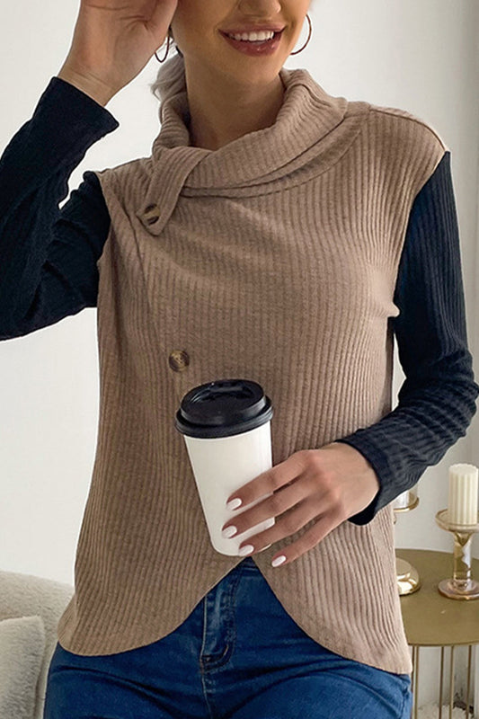 IRREGULAR BUTTONED HIGH NECK CORDUROY TOP