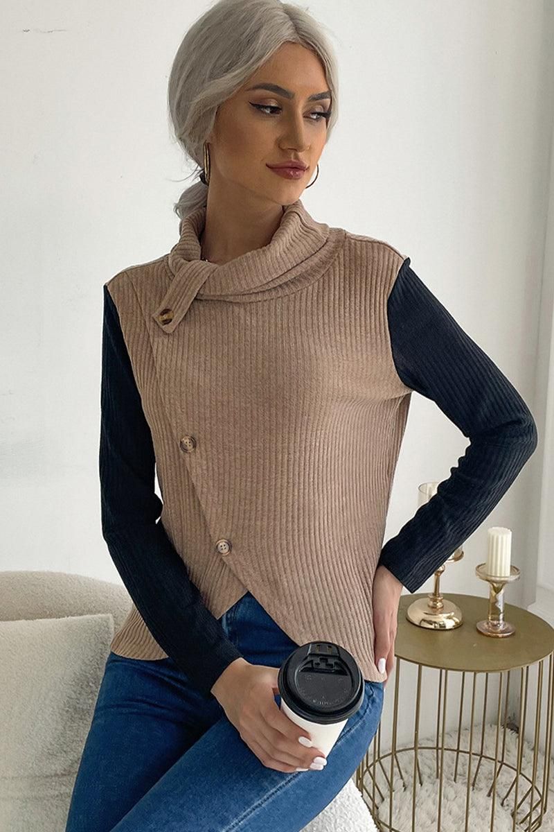 IRREGULAR BUTTONED HIGH NECK CORDUROY TOP - Doublju