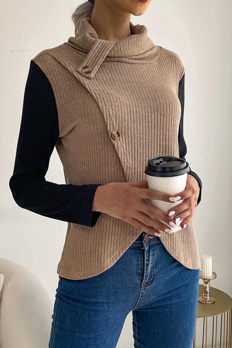 IRREGULAR BUTTONED HIGH NECK CORDUROY TOP - Doublju