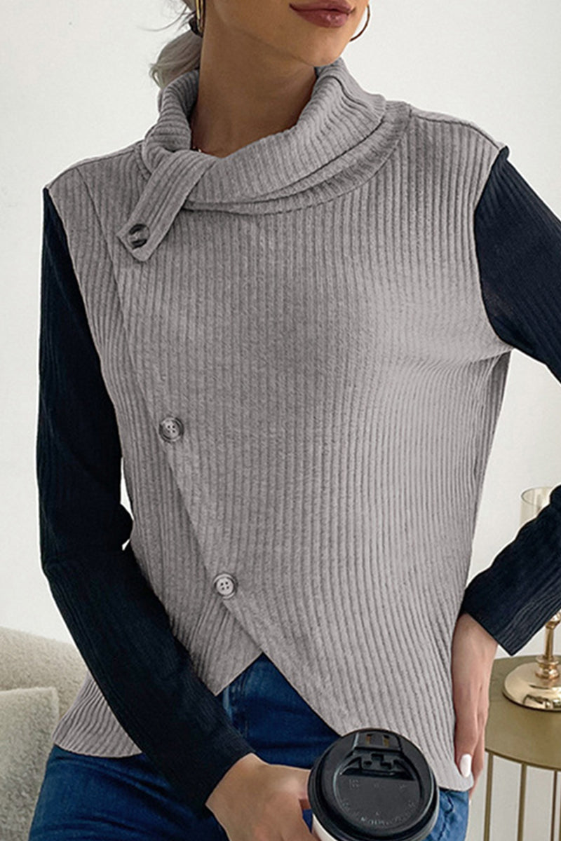 IRREGULAR BUTTONED HIGH NECK CORDUROY TOP