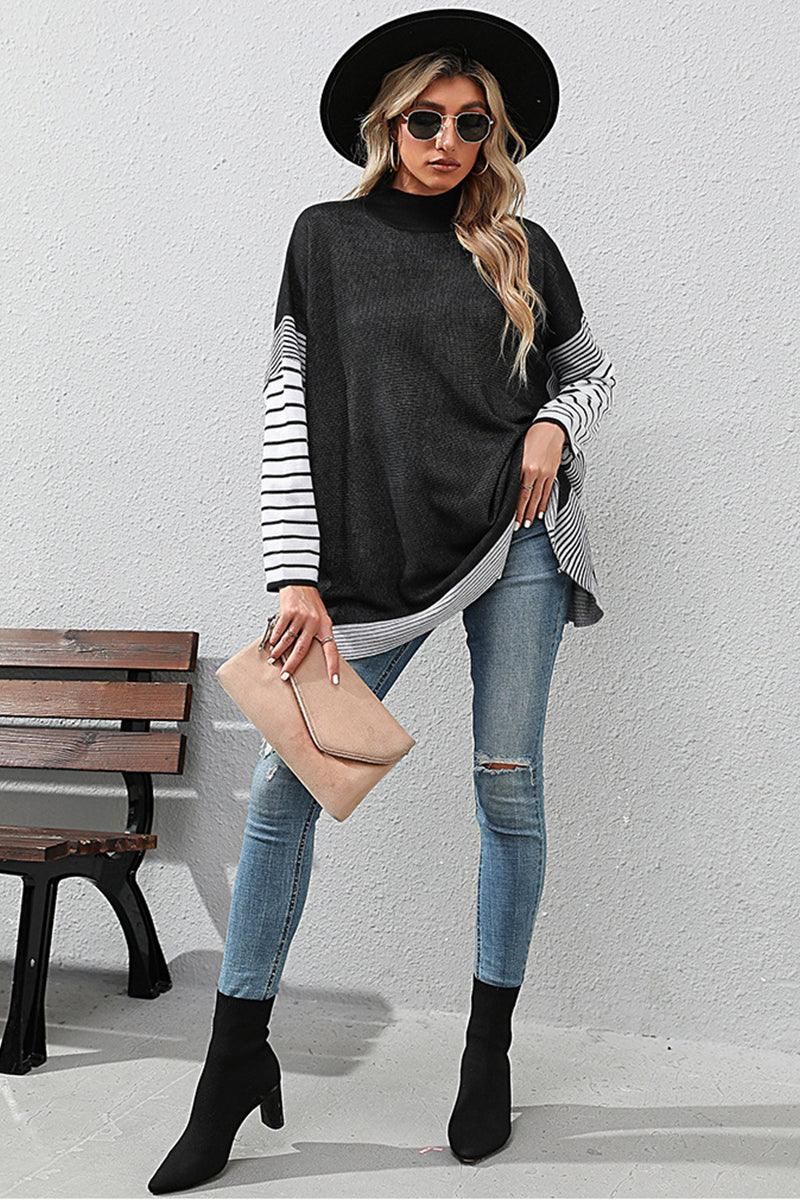 STRIPED SLEEVE HIGH NECK LOOSE FIT CASUAL SWEATER - Doublju