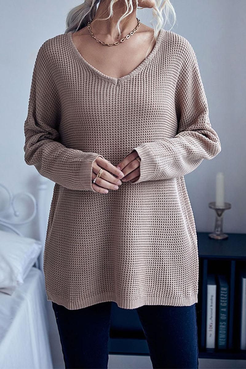LOOSE FIT SEXY NECK WAFFLE KNIT TUNIC SWEATER - Doublju