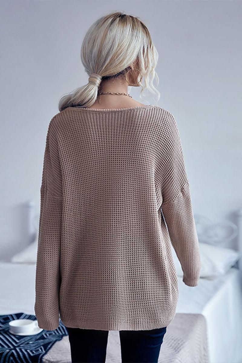 LOOSE FIT SEXY NECK WAFFLE KNIT TUNIC SWEATER - Doublju