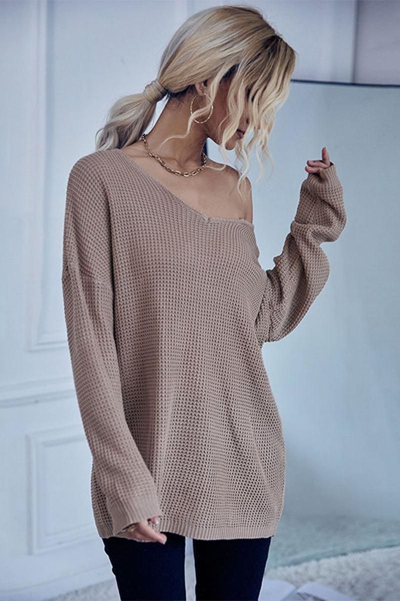 LOOSE FIT SEXY NECK WAFFLE KNIT TUNIC SWEATER - Doublju