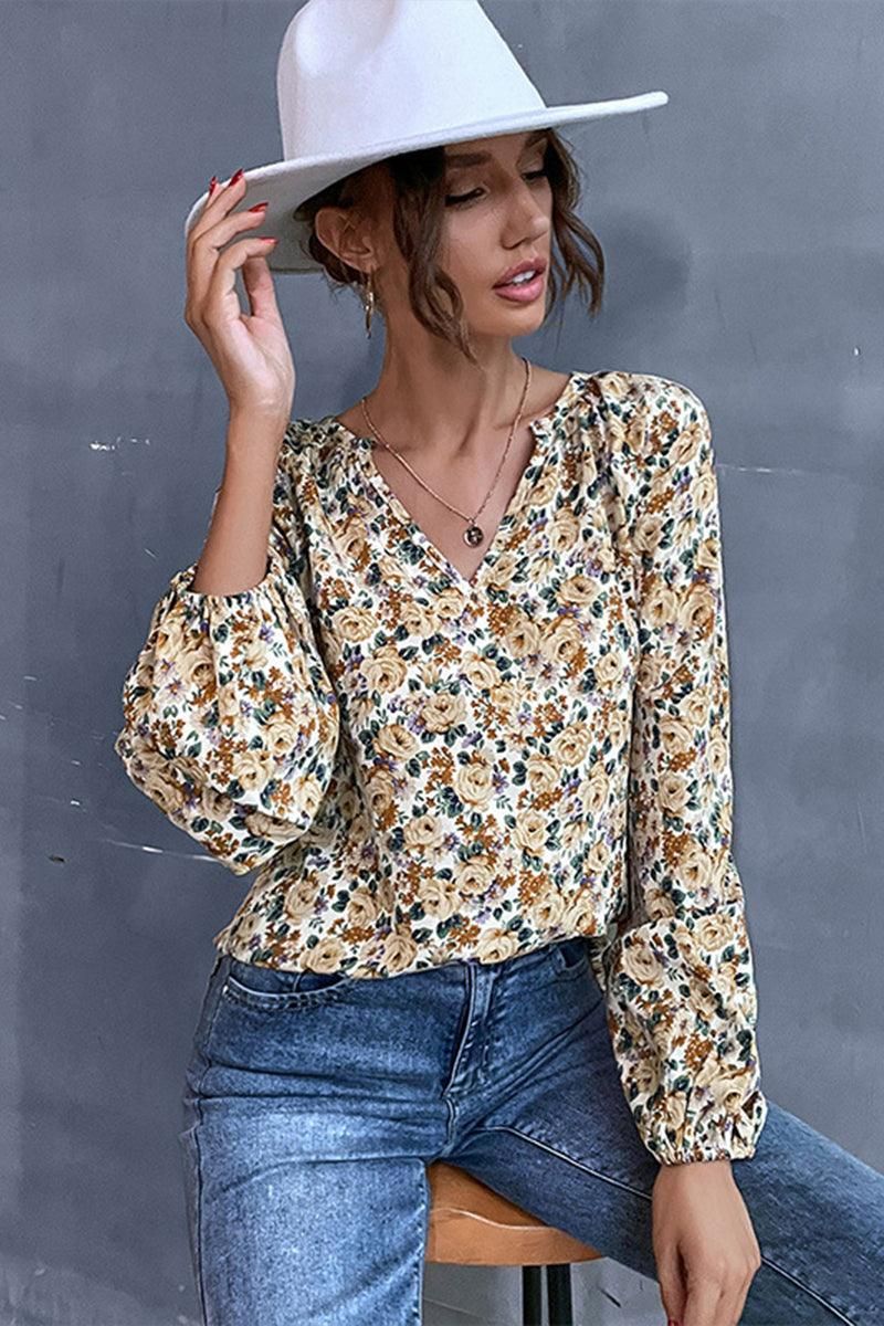 FLORAL PATTERNED V NCEK TUNIC TOP - Doublju