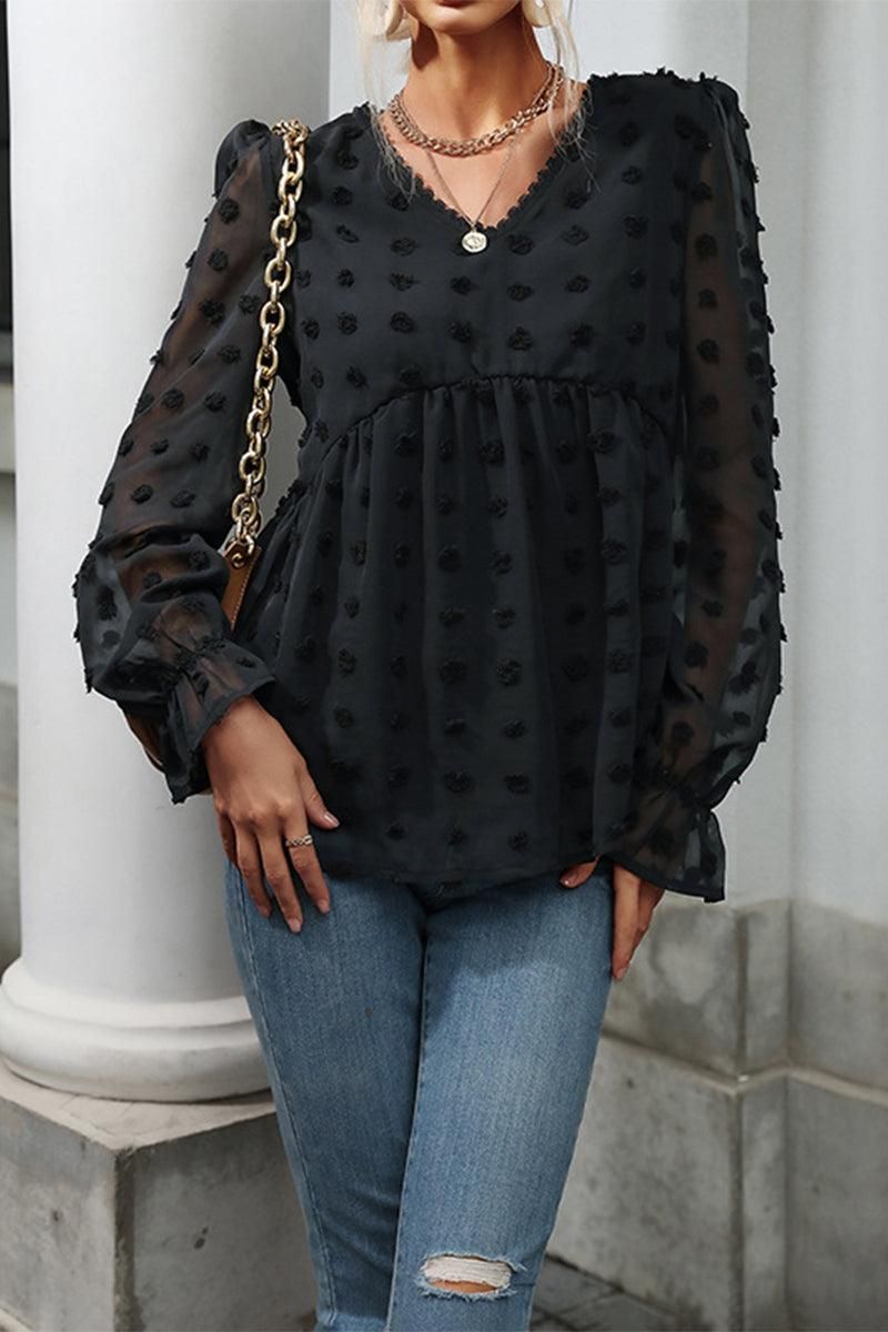 POLKA DOT LACE DETAILED V NECK CASUAL TUNIC TOP - Doublju