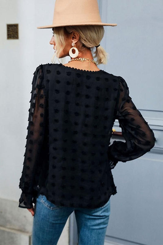 POLKA DOT LACE DETAILED V NECK CASUAL TUNIC TOP - Doublju