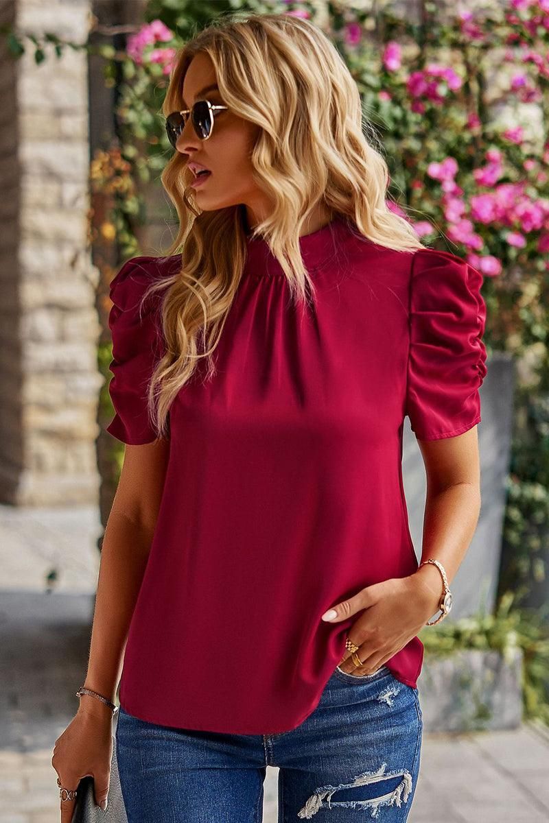 DRAPED SLEEVE JEWEL NECK CASUAL TOP - Doublju
