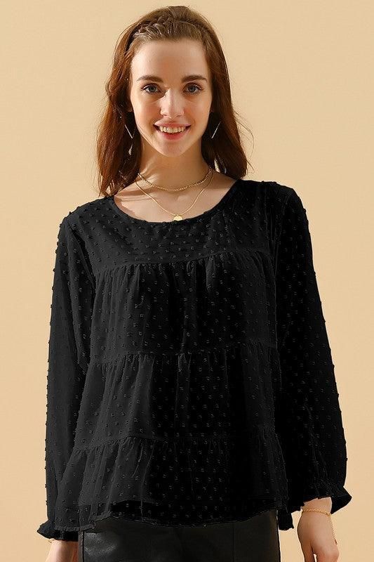 SMALL DOT PATTERN LACED RUFFLE TUNIC TOP - Doublju