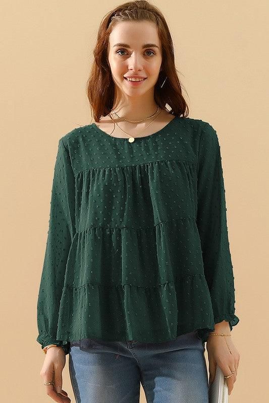 SMALL DOT PATTERN LACED RUFFLE TUNIC TOP - Doublju