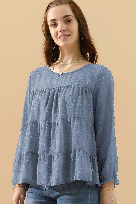 SMALL DOT PATTERN LACED RUFFLE TUNIC TOP - Doublju