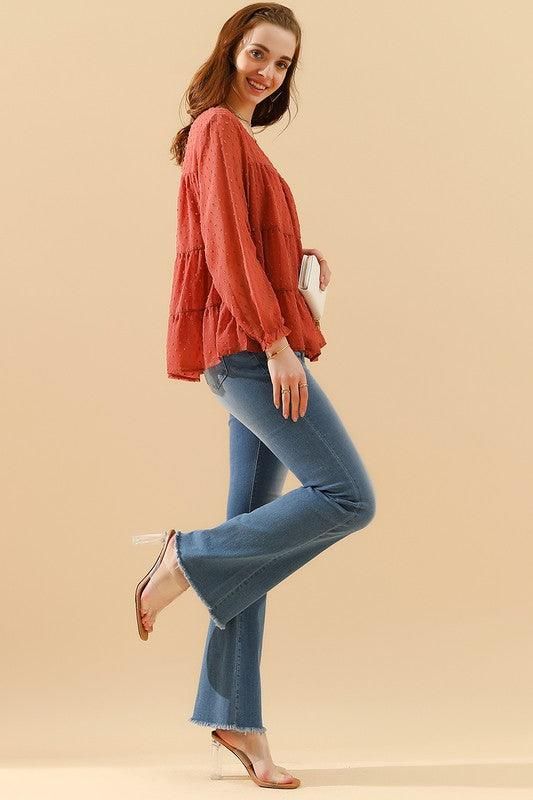 SMALL DOT PATTERN LACED RUFFLE TUNIC TOP - Doublju