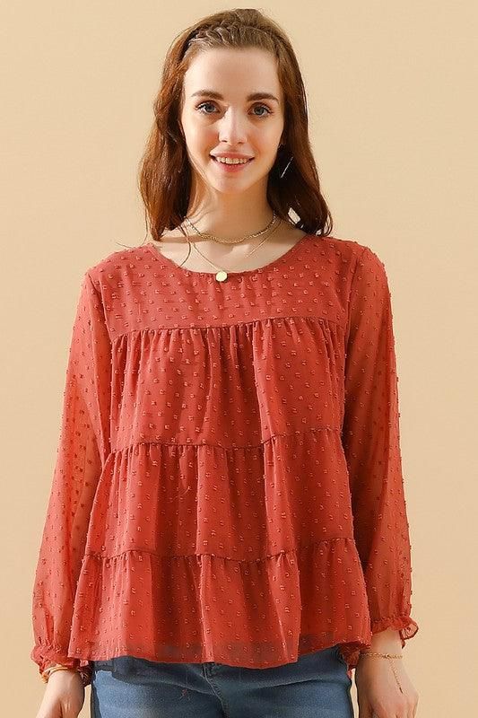 SMALL DOT PATTERN LACED RUFFLE TUNIC TOP - Doublju
