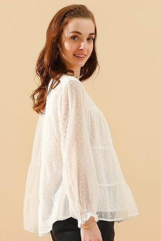 SMALL DOT PATTERN LACED RUFFLE TUNIC TOP - Doublju