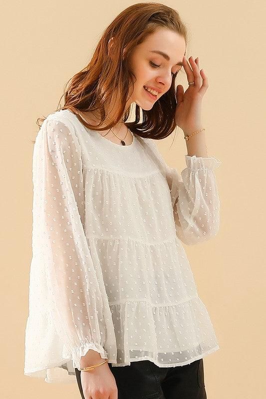 SMALL DOT PATTERN LACED RUFFLE TUNIC TOP - Doublju
