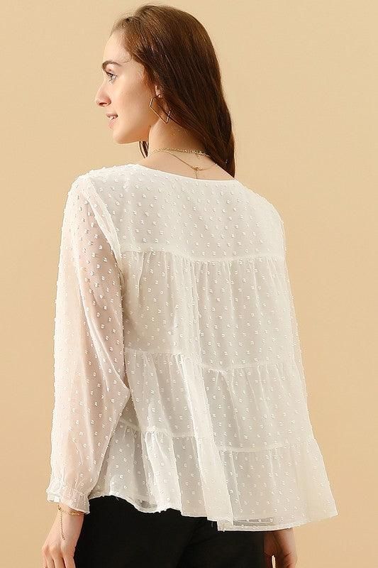 SMALL DOT PATTERN LACED RUFFLE TUNIC TOP - Doublju