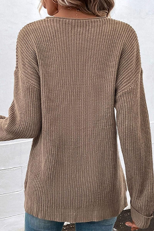 LONG SLEEVED SOLID V NECK KNIT TOP - Doublju